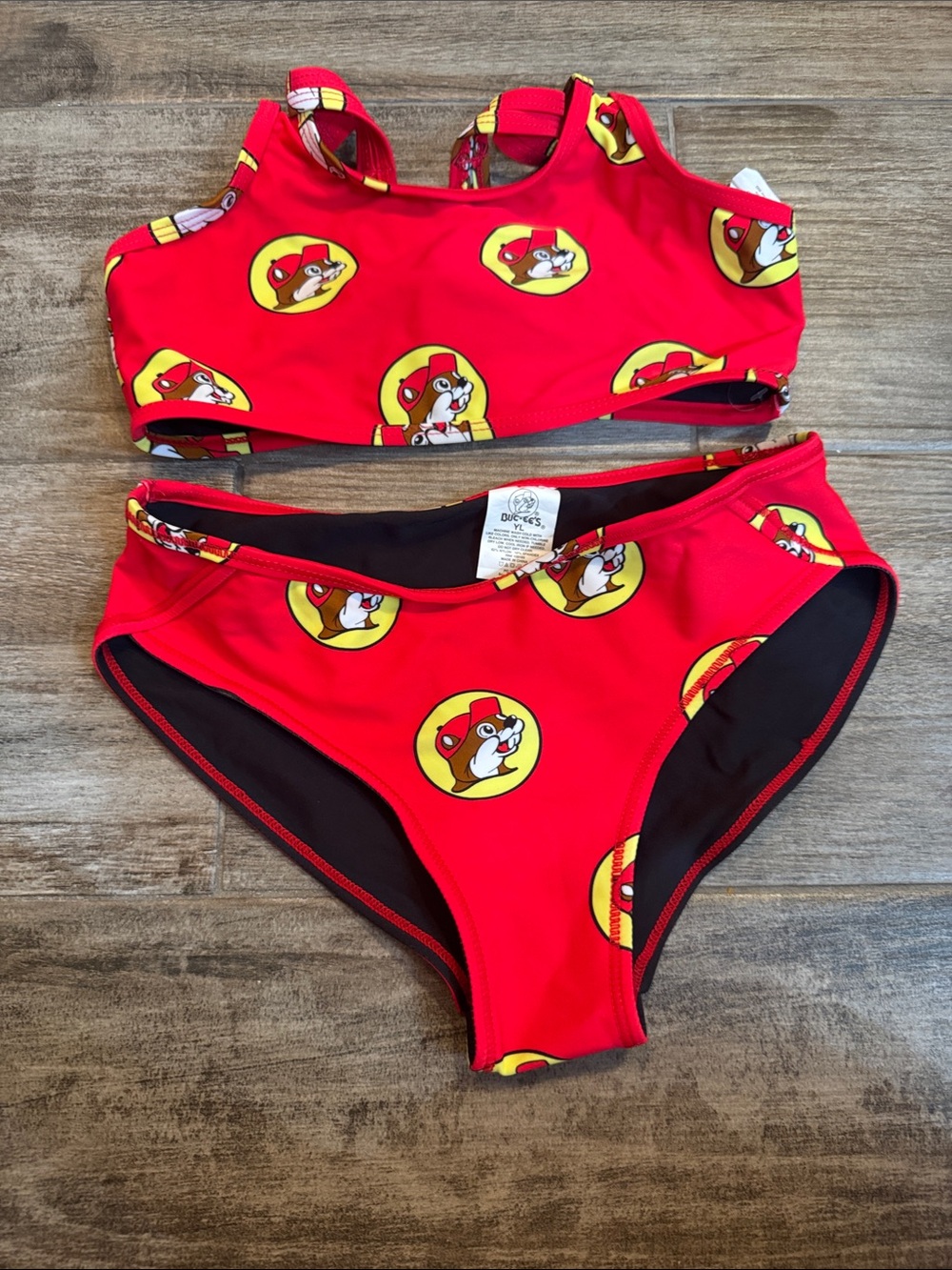 Girls Red Two-Piece Bikini Set with Character Medallion Print